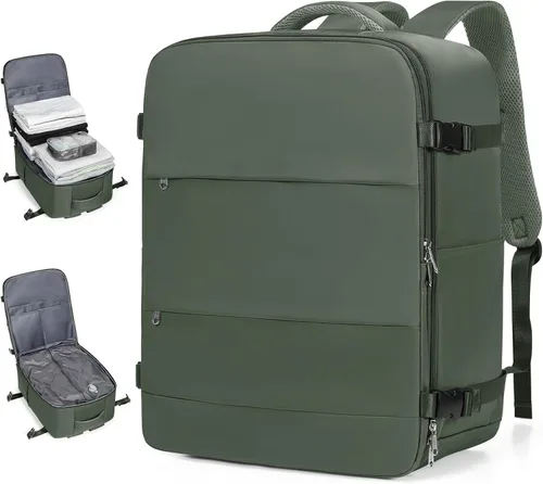 Vista 17 de Mochila de viaje grande, bolsa de mano, aprobada para aviones, para artículos personales, para hombre o mujer, color beige con marrón