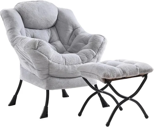 Vista 10 de Silla perezosa con otomana, silla de descanso moderna y grande con reposabrazos y bolsillo lateral, sillón tapizado de ocio con silla de lectura