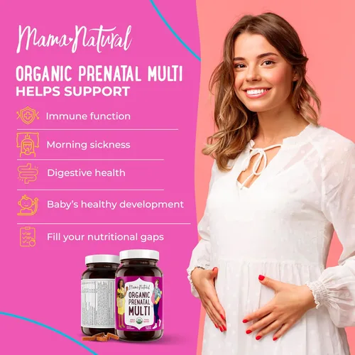 Vista 2 de Mama Natural Paquete prenatal – Vitaminas prenatales orgánicas para mujeres + probióticos seleccionados específicamente para el embarazo