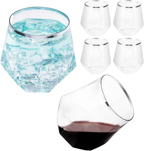Vista 8 de LUODA Juego de 24 copas de vino de plástico con forma de diamante dorado, desechables, de 12 onzas, para cumpleaños, inauguración de la casa y bodas