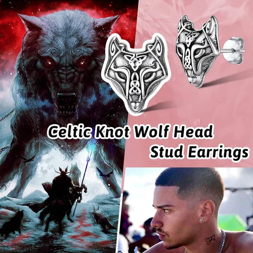 Vista 2 de FaithHeart Norse Vikingo Jewelry - Aretes de tuerca de plata de ley de acero inoxidable, lobo celtamartillo de Thors para mujeres y hombres, Acero