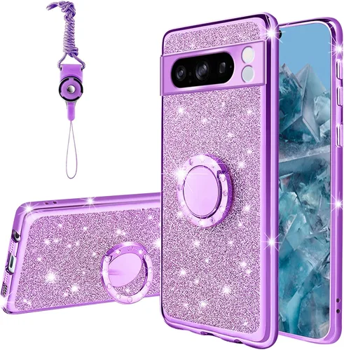 Vista 61 de Funda compatible con Google Pixel 6 Pro para mujer, con purpurina, suave, elegante, transparente, TPU de lujo, bonita funda protectora con correa