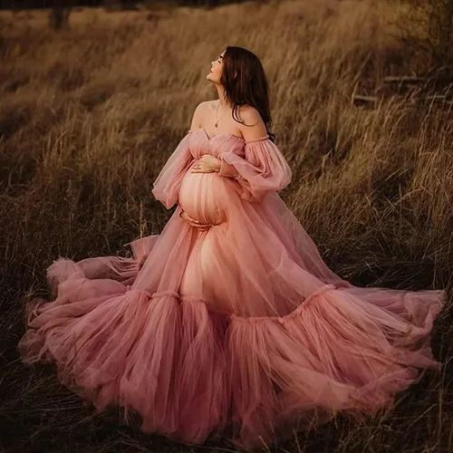 Vista 7 de Vestido de tul para baby shower, con volantes, vestido de maternidad para sesión de fotos, manga larga, vestidos de maternidad para sesión de fotos