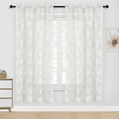 Vista 59 de DWCN Paquete de 2 cortinas traslúcidas pequeñas de encaje floral beige para cocina, cortinas traslúcidas ligeras con bolsillo para barra, cortinas