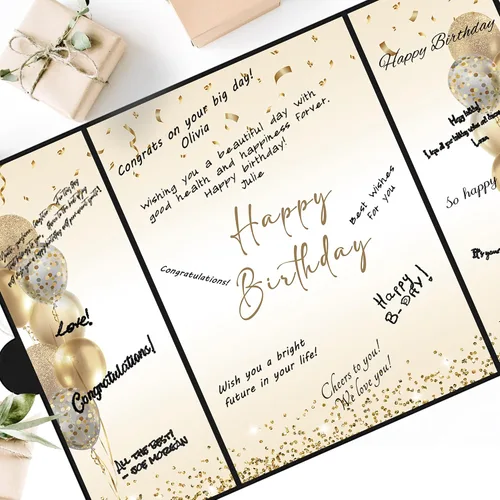 Vista 5 de DARUNAXY Decoraciones de Fiesta de Cumpleaños Negro Dorado, Libro de Visitas Alternativo Jumbo Feliz Cumpleaños para Hombres Mujeres Brindis por 30