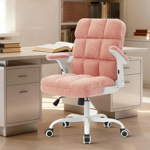Vista 9 de SEATZONE Silla de oficina rosa ergonómica con ruedas, silla de escritorio para computadora de felpa sintética, silla de oficina cómoda para mujeres