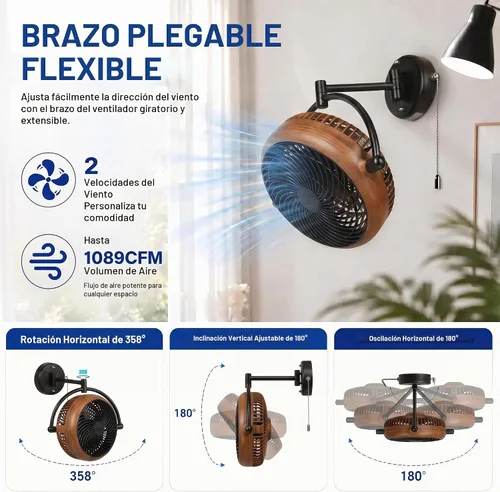 Vista 4 de Wall Mount Fan with Folding Arm 10 Inch Small RV Wall Fan Quiet Oscillating Nogal