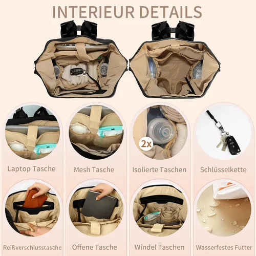 Vista 3 de Omanmoli Mochila para pañales, bolsa grande de neopreno para niños y niñas con 15 organizadores de bolsas de pañales, 2 bolsillos aislados, Negro