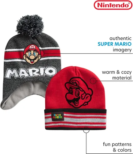 Vista 2 de Nintendo Super Mario Bros. Sombrero de invierno para niños, paquete de 2 gorros con pompones de Super Mario (4-7)