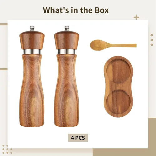 Vista 5 de Molinillo de pimienta de madera de acacia de 8 pulgadas con anillo de acero, juego de molinillo de sal y pimienta con cuchara y base, regalo
