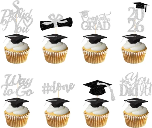Vista 13 de Decoraciones de graduación 2026 azul, adornos para cupcakes de graduación 2026 azul y negro, suministros de decoración para cupcakes clase de 2026