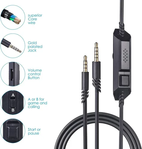 Vista 2 de Cable de repuesto A50 para auriculares con control de volumen y cable adaptador de audio para micrófono, compatible con A10A20A30A50A40A40TR