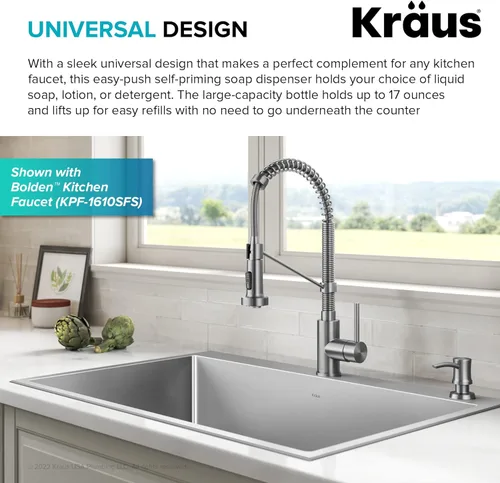 Vista 4 de Dispensador de jabón y loción de cocina Kraus en acero inoxidable libre de manchas, KSD-54SFS Acero inoxidable sin manchas.