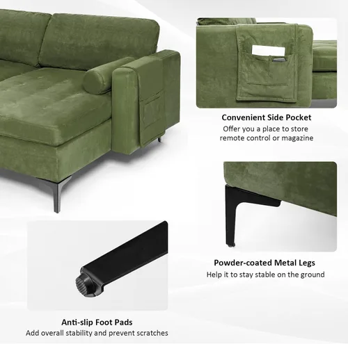 Vista 5 de OUDINI Sofá modular en forma de L, sofá reversible en forma de L, sofá modular de lino, con diván reversible y 2 puertos USB del ejército para sala
