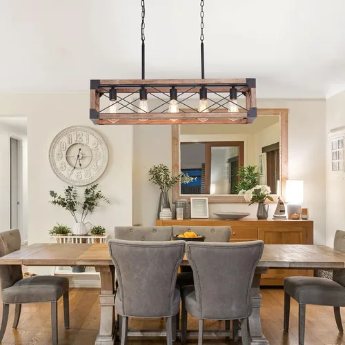 Vista 2 de Iluminación de Isla de Cocina Estilo Granja, Lámpara de Comedor de 5 Luces, Candelabro Lineal Estilo Granja con Madera Maciza para Comedor Cocina