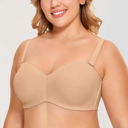 Vista 3 de DELIMIRA Sujetador sin tirantes para mujer, sin silicona, para minimizador de busto grande, bandeau talla grande, sin forro, con aros