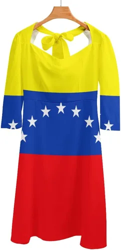 Vista 5 de Elegante vestido casual con lazo de la bandera venezolana para mujer, vestido floral acampanado, vestido de verano para niña, vestido de verano