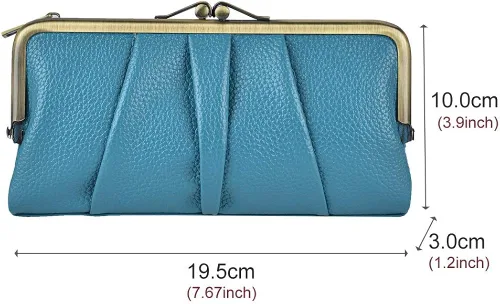 Vista 6 de Billetera de cuero suave para mujer, compacta plegable RFID, monedero con cremallera y cierre de beso