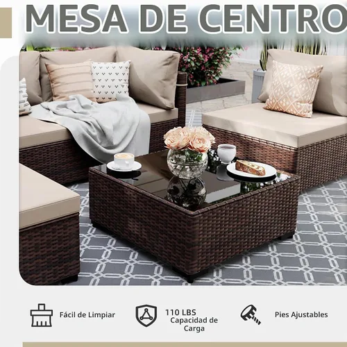 Vista 6 de UPHA Juego de muebles de mimbre para patio de 5 piezas con mesa auxiliar Cojín de ratán marrón y beige