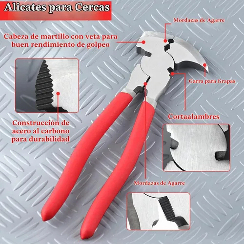 Vista 3 de Alicates de esgrima de 9.5 pulgadas, herramienta de valla multiusos con cabeza de martillo, cortadores de alambre, torsión de alambre, extractor