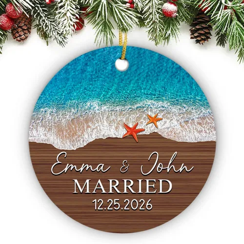 Vista 13 de Just Married - Regalo de recuerdo para recién casados, adorno de boda personalizado en la playa con nombres y fecha