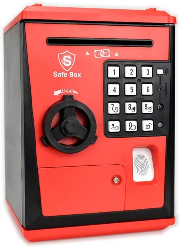 Vista 7 de Caja fuerte para niños con código por huella dactilar, alcancía parlante, caja de ahorros, cajero automático, para dinero real, gran juguete