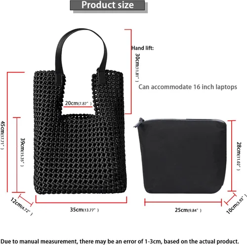 Vista 3 de JINMANXUE Bolso de mano tejido de satén de cuero para mujer, bolso hueco hacia fuera, 2 piezas, bolso de hombro femenino, bolso de comprador, bolso