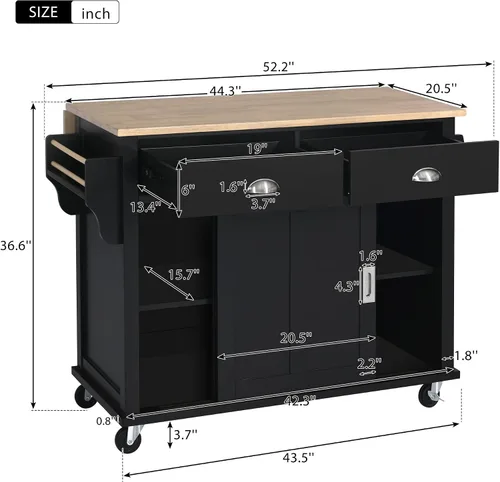 Vista 3 de Delicate Rolling Kitchen Island Cart with Rubber Wood Drop-Leaf Countertop and Lockable Rollers,Storage Cabinet and 2 Drawers,Sliding Barn Door