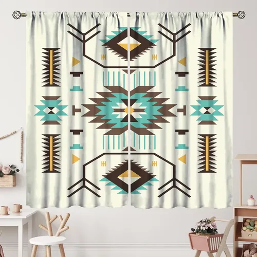 Vista 116 de Cortinas con patrón geométrico tribal, estilo suroeste, azteca, rústico, occidental, nativo americano, opacas, con bolsillo para barra, decoración