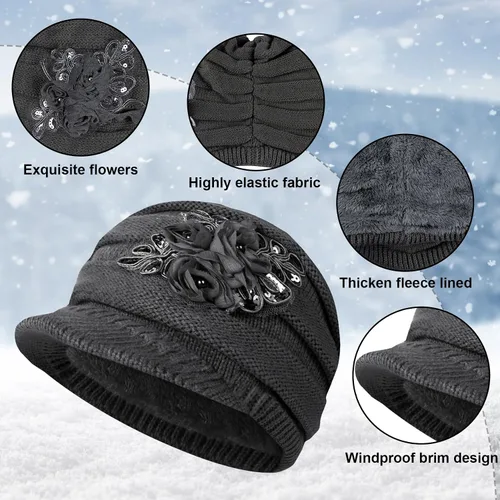 Vista 4 de 3 in 1 Hat Scarf and Gloves Set, Fleece Lined Winter Warm Beanie Hat Newsboy Cap Touchscreen Gloves Scarves for women