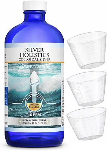 Vista 2 de Silver HOLISTICS - Líquido de plata coloidal de 10 ppm, botella de plata coloidal con tazas medidoras, líquido de hidrosol plateado para niños