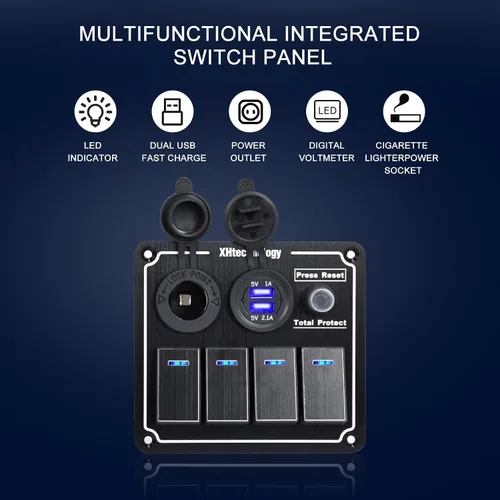 Vista 6 de Panel de interruptores basculantes para lanchas marinas, panel de interruptor de palanca impermeable de 8 bandas con doble USB y panel voltímetro