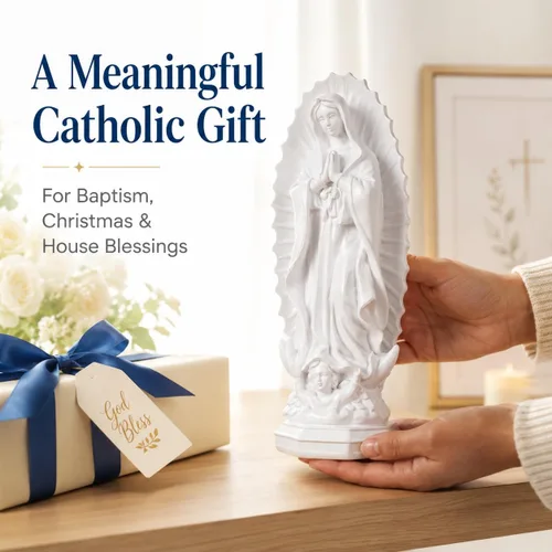 Vista 10 de DECHOUS Estatua de la Señora de Guadalupe blanca – 7.5 pulgadas de alto, figura religiosa de resina de Guadalupe para oficina en casa, estatua