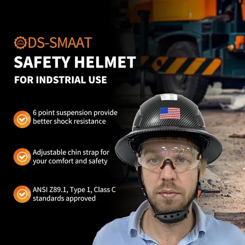 Vista 6 de Casco duro de ala completa con visera, casco de seguridad de suspensión de trinquete de 6 puntos, protección superior de impacto para la cabeza