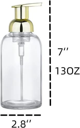 Vista 3 de Dispensador de jabón espumoso, dispensador de jabón en tarro de vidrio grueso con bomba de espuma dorada, dispensador de botellas redondas de 13