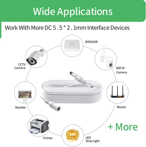 Vista 5 de Cable de extensión de alimentación de 33 pies 10 M CC 12 V para cámara de seguridad CCTV DVR independiente, cable de extensión de CC de 0.217 in x