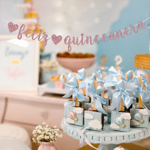 Vista 5 de Cartel de Feliz Quinceañera, oro rosa con purpurina Happy Quinceañera/Princesa De Quince/Mis Quince 15, suministros de decoración de fiesta