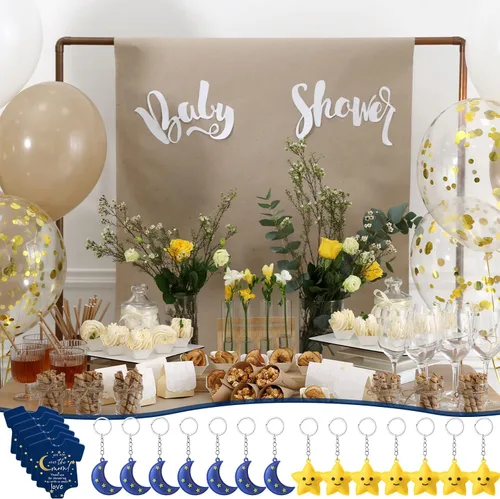 Vista 7 de Huquary 150 piezas de regalos de fiesta de baby shower, luna estrella, llaveros Twinkle Twinkle Little Star Baby Shower Favor, tarjetas