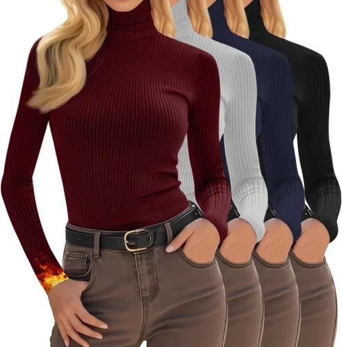 Vista 23 de Oakgarden Paquete de 4 camisetas térmicas de cuello alto para mujer, de manga larga, acanaladas, de algodón, ajustadas, capa base, ropa