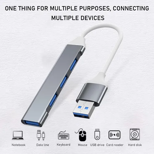Vista 3 de Divisor USB de aluminio, 4 puertos, concentrador de puerto USB 3.0 de alta velocidad, concentrador USB, cable de extensión USB, divisor