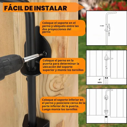 Vista 7 de Barra de Caída de Puerta con Perno de Bastón de 12" de Acero - Cerradura de Suelo de Puerta Pesada Diseñada para Puertas de Madera, Metal, Vinilo