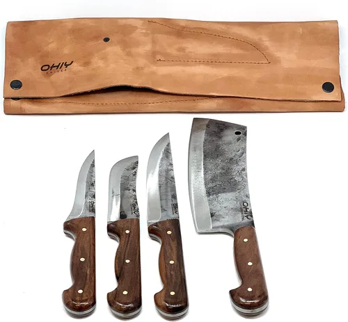 Vista 2 de Butcher Series - Juego de cuchillos y cuchillos forjados a mano de 4 piezas con funda de cuero auténtico, cuchillas de acero de alto carbono 5160
