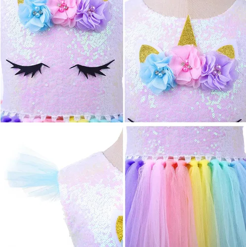 Vista 5 de PinkBeautiM Vestido tutú de unicornio para niñas, disfraz de unicornio de lentejuelas para niña con diadema, vestidos de fiesta de cumpleaños de 3 a