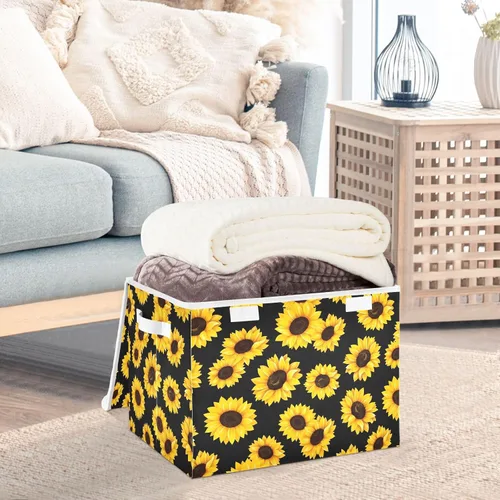 Vista 5 de Large Collapsible Storage Bins with Lids, Sunflower Black Storage Baskets Organizer Containers with Handles for Clothes