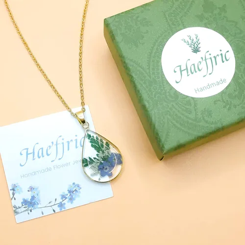 Vista 55 de Collar de flores silvestres prensadas con encaje de Forget-Me-Not y Queen Anne Collar de flores prensadas de oro Collares hechos a mano