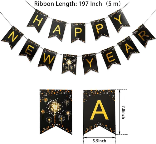 Vista 2 de MiniRed Cartel de Año Nuevo 2026, pancarta de feliz año nuevo con letra dorada brillante, suministros de decoración de fiesta de Año Nuevo 2026.