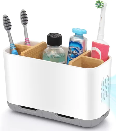 Vista 12 de GFWARE Soporte para cepillos de dientes negro – Portacepillos de dientes de bambú para baños, organizador de cepillos de dientes eléctrico