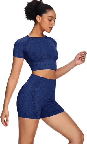 Vista 2 de Sytiz Conjunto de 2 piezas de yoga sin costuras para mujer, pantalones cortos de gimnasio y camiseta corta de manga corta