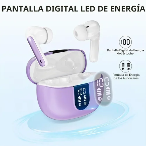 Vista 3 de Auriculares inalámbricos, auriculares Bluetooth 5.3, 40 horas de reproducción, estéreo de graves profundos, pantalla de alimentación LED Púrpura