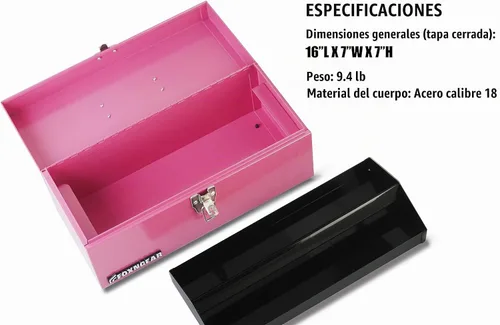 Vista 3 de Caja de herramientas portátil de acero resistente de 16" calibre 18 con pestillo de metal y mango rosa